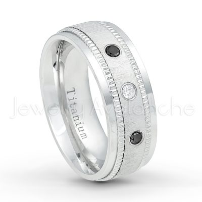 0.07ctw Diamond Solitaire Ring - April Birthstone Ring - 8mm Brushed Center Milgrain Edge Comfort Fit Dome White Titanium Wedding Ring TM548-WD
