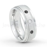 0.21ctw White & Black Diamond 3-Stone Ring - April Birthstone Ring - 8mm Brushed Center Milgrain Edge Comfort Fit Dome White Titanium Wedding Ring TM548-WD