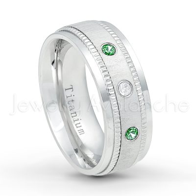 0.07ctw Emerald Solitaire Ring - May Birthstone Ring - 8mm Brushed Center Milgrain Edge Comfort Fit Dome White Titanium Wedding Ring TM548-ED