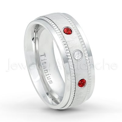 0.21ctw Garnet & Diamond 3-Stone Ring - January Birthstone Ring - 8mm Brushed Center Milgrain Edge Comfort Fit Dome White Titanium Wedding Ring TM548-GR