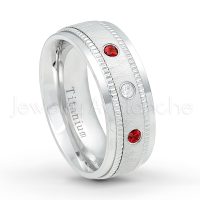0.21ctw Diamond & Garnet 3-Stone Ring - January Birthstone Ring - 8mm Brushed Center Milgrain Edge Comfort Fit Dome White Titanium Wedding Ring TM548-GR