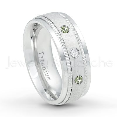 0.21ctw Peridot 3-Stone Ring - August Birthstone Ring - 8mm Brushed Center Milgrain Edge Comfort Fit Dome White Titanium Wedding Ring TM548-PD