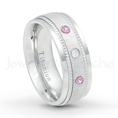 0.21ctw Pink Tourmaline 3-Stone Ring - October Birthstone Ring - 8mm Brushed Center Milgrain Edge Comfort Fit Dome White Titanium Wedding Ring TM548-PTM