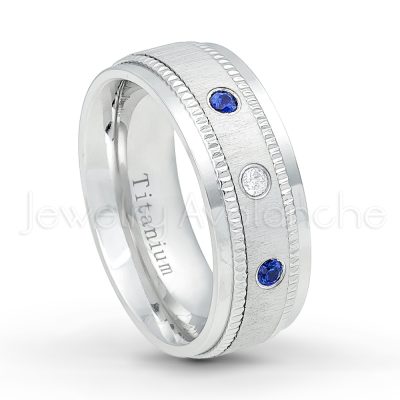 0.21ctw Blue Sapphire 3-Stone Ring - September Birthstone Ring - 8mm Brushed Center Milgrain Edge Comfort Fit Dome White Titanium Wedding Ring TM548-SP