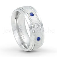 0.21ctw Diamond & Blue Sapphire 3-Stone Ring - September Birthstone Ring - 8mm Brushed Center Milgrain Edge Comfort Fit Dome White Titanium Wedding Ring TM548-SP