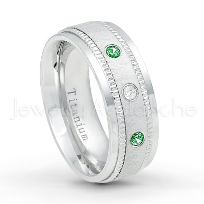 0.21ctw Tsavorite 3-Stone Ring - January Birthstone Ring - 8mm Brushed Center Milgrain Edge Comfort Fit Dome White Titanium Wedding Ring TM548-TVR