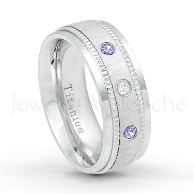 0.21ctw Diamond & Tanzanite 3-Stone Ring - December Birthstone Ring - 8mm Brushed Center Milgrain Edge Comfort Fit Dome White Titanium Wedding Ring TM548-TZN
