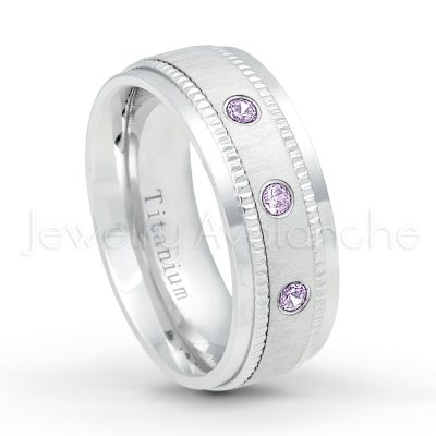 0.21ctw Diamond & Amethyst 3-Stone Ring - February Birthstone Ring - 8mm Brushed Center Milgrain Edge Comfort Fit Dome White Titanium Wedding Ring TM548-AMT