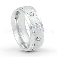 0.21ctw Aquamarine 3-Stone Ring - March Birthstone Ring - 8mm Brushed Center Milgrain Edge Comfort Fit Dome White Titanium Wedding Ring TM548-AQM