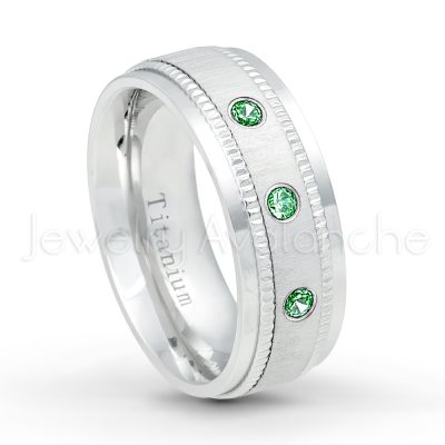 0.21ctw Diamond & Emerald 3-Stone Ring - May Birthstone Ring - 8mm Brushed Center Milgrain Edge Comfort Fit Dome White Titanium Wedding Ring TM548-ED