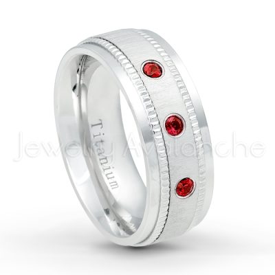 0.21ctw Garnet & Diamond 3-Stone Ring - January Birthstone Ring - 8mm Brushed Center Milgrain Edge Comfort Fit Dome White Titanium Wedding Ring TM548-GR