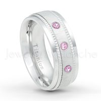 0.21ctw Pink Tourmaline 3-Stone Ring - October Birthstone Ring - 8mm Brushed Center Milgrain Edge Comfort Fit Dome White Titanium Wedding Ring TM548-PTM