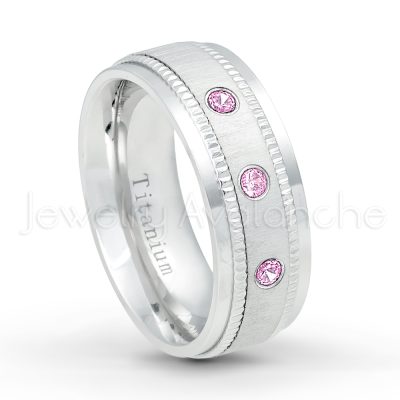 0.07ctw Pink Tourmaline Solitaire Ring - October Birthstone Ring - 8mm Brushed Center Milgrain Edge Comfort Fit Dome White Titanium Wedding Ring TM548-PTM