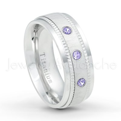 0.21ctw Tanzanite 3-Stone Ring - December Birthstone Ring - 8mm Brushed Center Milgrain Edge Comfort Fit Dome White Titanium Wedding Ring TM548-TZN