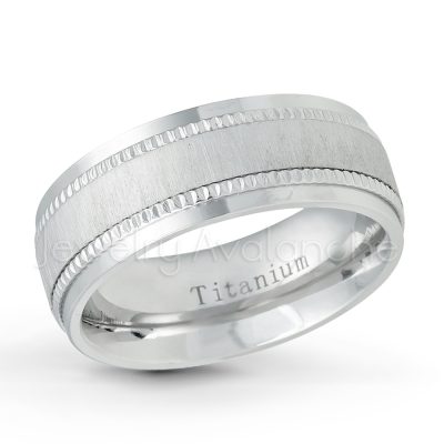 8mm Semi Dome White Titanium Wedding Band - Brushed Center Milgrain Edge Comfort Fit White Titanium Ring - Anniversary Ring TM548PL