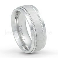 8mm Semi Dome White Titanium Wedding Band - Brushed Center Milgrain Edge Comfort Fit White Titanium Ring - Anniversary Ring TM548PL