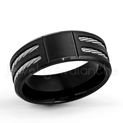 8mm Black IP Titanium Wedding Band - Satin Finish Comfort Fit Titanium Ring with Double Cable Inlay - Anniversary Ring TM553PL