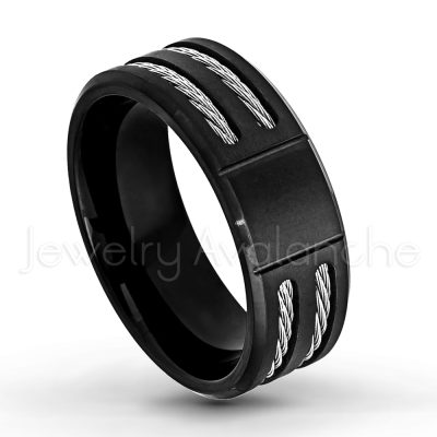 8mm Black IP Titanium Wedding Band - Satin Finish Comfort Fit Titanium Ring with Double Cable Inlay - Anniversary Ring TM553PL