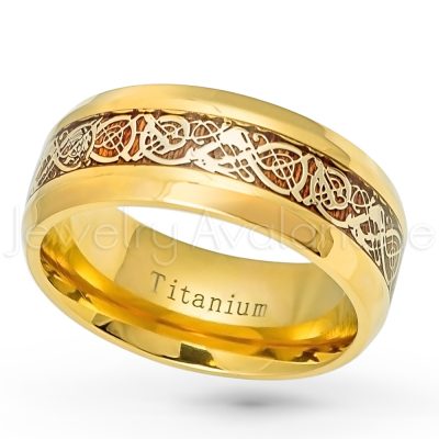 9mm Yellow Gold Plated Titanium Ring with Celtic Dragon Design over Rosewood Inlay - Polished Beveled Edge Comfort Fit Wedding Band TM564PL