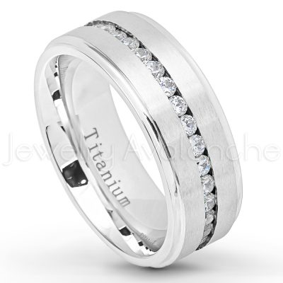 Channel Set CZ Titanium Eternity Band - 8mm Satin Finish Comfort Fit Stepped Edge White Titanium Wedding Ring TM585PL