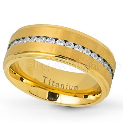 Channel Set CZ Titanium Eternity Band - 8mm Satin Finish Yellow Gold Plated Comfort Fit Stepped Edge White Titanium Wedding Ring TM586PL
