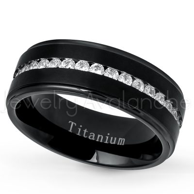 Channel Set CZ Titanium Eternity Band - 8mm Satin Finish Black IP Comfort Fit Stepped Edge White Titanium Wedding Ring TM587PL