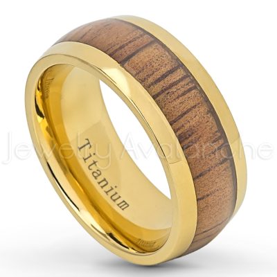 9mm Dome Titanium Wedding Band - Polished Comfort Fit Titanium Ring with Hawaiian Koa Wood Inlay - Anniversary Band TM588PL