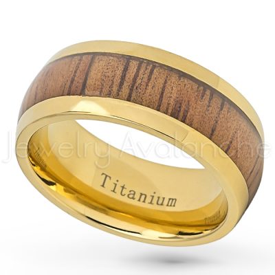 9mm Dome Titanium Wedding Band - Polished Comfort Fit Titanium Ring with Hawaiian Koa Wood Inlay - Anniversary Band TM588PL