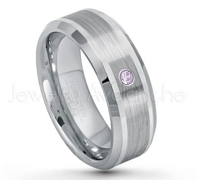 0.21ctw Amethyst & Diamond 3-Stone Tungsten Ring - February Birthstone Ring - 8mm Polished & Brushed Finish Comfort Fit Beveled Edge Tungsten Carbide Wedding Ring TN002-AMT