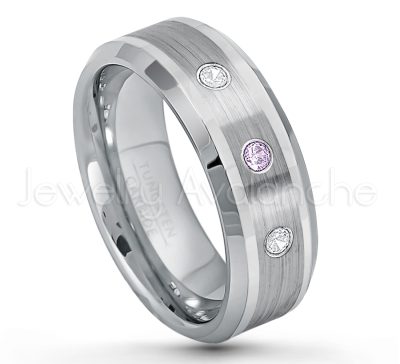 0.21ctw Amethyst 3-Stone Tungsten Ring - February Birthstone Ring - 8mm Polished & Brushed Finish Comfort Fit Beveled Edge Tungsten Carbide Wedding Ring TN002-AMT