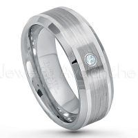 0.07ctw Aquamarine Tungsten Ring - March Birthstone Ring - 8mm Polished & Brushed Finish Comfort Fit Beveled Edge Tungsten Carbide Wedding Ring TN002-AQM