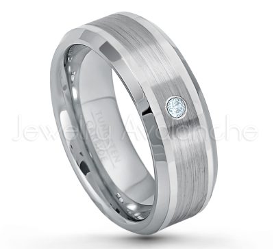 0.21ctw Aquamarine & Diamond 3-Stone Tungsten Ring - March Birthstone Ring - 8mm Polished & Brushed Finish Comfort Fit Beveled Edge Tungsten Carbide Wedding Ring TN002-AQM