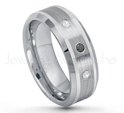 0.21ctw White & Black Diamond 3-Stone Tungsten Ring - April Birthstone Ring - 8mm Polished & Brushed Finish Comfort Fit Beveled Edge Tungsten Carbide Wedding Ring TN002-WD