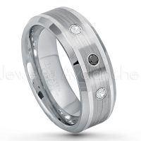 0.21ctw Black & White Diamond 3-Stone Tungsten Ring - April Birthstone Ring - 8mm Polished & Brushed Finish Comfort Fit Beveled Edge Tungsten Carbide Wedding Ring TN002-BD