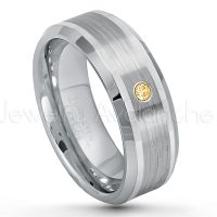 0.07ctw Citrine Tungsten Ring - November Birthstone Ring - 8mm Polished & Brushed Finish Comfort Fit Beveled Edge Tungsten Carbide Wedding Ring TN002-CN