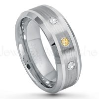 0.21ctw Citrine & Diamond 3-Stone Tungsten Ring - November Birthstone Ring - 8mm Polished & Brushed Finish Comfort Fit Beveled Edge Tungsten Carbide Wedding Ring TN002-CN