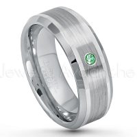 0.07ctw Emerald Tungsten Ring - May Birthstone Ring - 8mm Polished & Brushed Finish Comfort Fit Beveled Edge Tungsten Carbide Wedding Ring TN002-ED