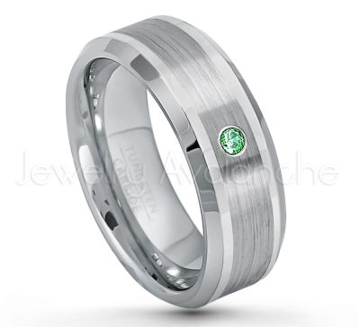 0.21ctw Emerald & Diamond 3-Stone Tungsten Ring - May Birthstone Ring - 8mm Polished & Brushed Finish Comfort Fit Beveled Edge Tungsten Carbide Wedding Ring TN002-ED