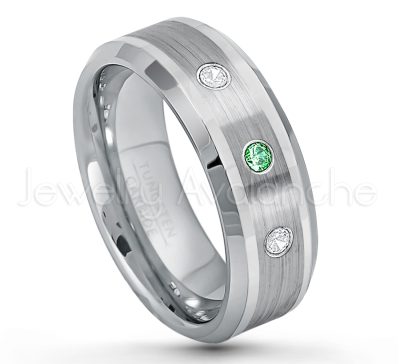 0.21ctw Emerald 3-Stone Tungsten Ring - May Birthstone Ring - 8mm Polished & Brushed Finish Comfort Fit Beveled Edge Tungsten Carbide Wedding Ring TN002-ED