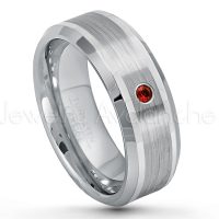 0.07ctw Garnet Tungsten Ring - January Birthstone Ring - 8mm Polished & Brushed Finish Comfort Fit Beveled Edge Tungsten Carbide Wedding Ring TN002-GR