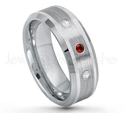 0.21ctw Garnet & Diamond 3-Stone Tungsten Ring - January Birthstone Ring - 8mm Polished & Brushed Finish Comfort Fit Beveled Edge Tungsten Carbide Wedding Ring TN002-GR