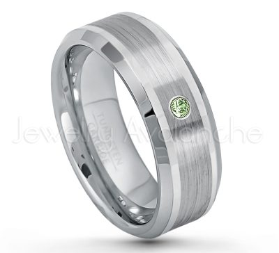 0.21ctw Green Tourmaline 3-Stone Tungsten Ring - October Birthstone Ring - 8mm Polished & Brushed Finish Comfort Fit Beveled Edge Tungsten Carbide Wedding Ring TN002-GTM