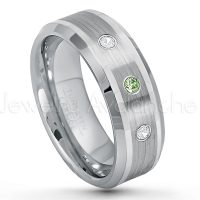 0.21ctw Green Tourmaline & Diamond 3-Stone Tungsten Ring - October Birthstone Ring - 8mm Polished & Brushed Finish Comfort Fit Beveled Edge Tungsten Carbide Wedding Ring TN002-GTM