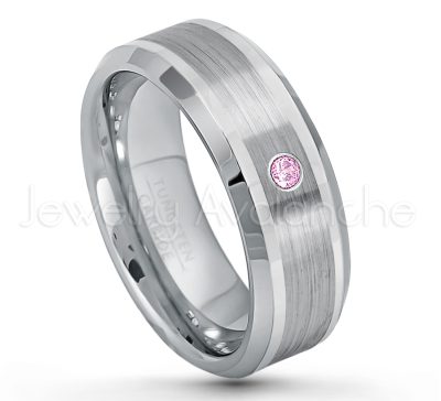 0.21ctw Pink Tourmaline & Diamond 3-Stone Tungsten Ring - October Birthstone Ring - 8mm Polished & Brushed Finish Comfort Fit Beveled Edge Tungsten Carbide Wedding Ring TN002-PTM