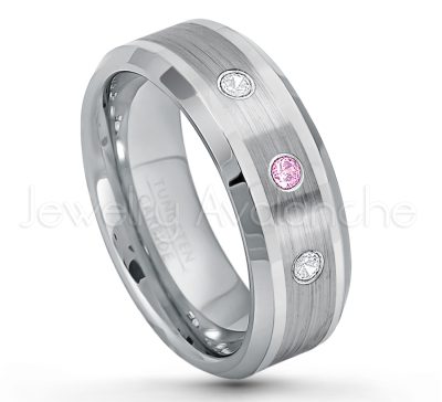 0.21ctw Pink Tourmaline 3-Stone Tungsten Ring - October Birthstone Ring - 8mm Polished & Brushed Finish Comfort Fit Beveled Edge Tungsten Carbide Wedding Ring TN002-PTM