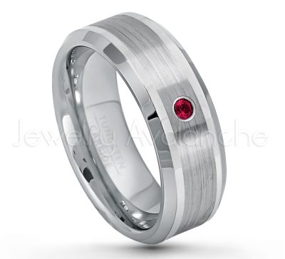 0.07ctw Ruby Tungsten Ring - July Birthstone Ring - 8mm Polished & Brushed Finish Comfort Fit Beveled Edge Tungsten Carbide Wedding Ring TN002-RB