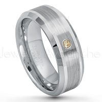0.07ctw Smokey Quartz Tungsten Ring - November Birthstone Ring - 8mm Polished & Brushed Finish Comfort Fit Beveled Edge Tungsten Carbide Wedding Ring TN002-SMQ