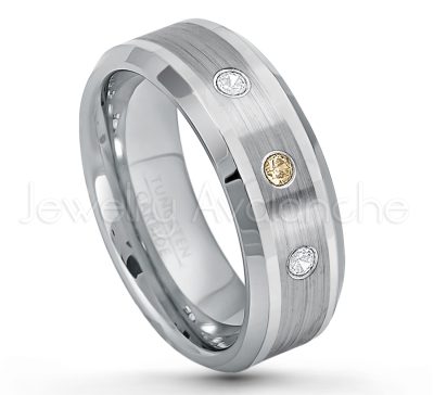 0.21ctw Smokey Quartz 3-Stone Tungsten Ring - November Birthstone Ring - 8mm Polished & Brushed Finish Comfort Fit Beveled Edge Tungsten Carbide Wedding Ring TN002-SMQ