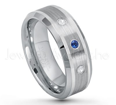 0.21ctw Blue Sapphire & Diamond 3-Stone Tungsten Ring - September Birthstone Ring - 8mm Polished & Brushed Finish Comfort Fit Beveled Edge Tungsten Carbide Wedding Ring TN002-SP