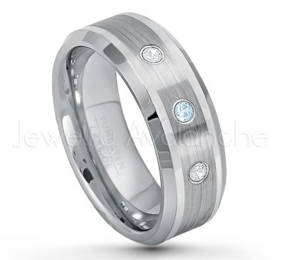 0.21ctw Topaz & Diamond 3-Stone Tungsten Ring - November Birthstone Ring - 8mm Polished & Brushed Finish Comfort Fit Beveled Edge Tungsten Carbide Wedding Ring TN002-TP